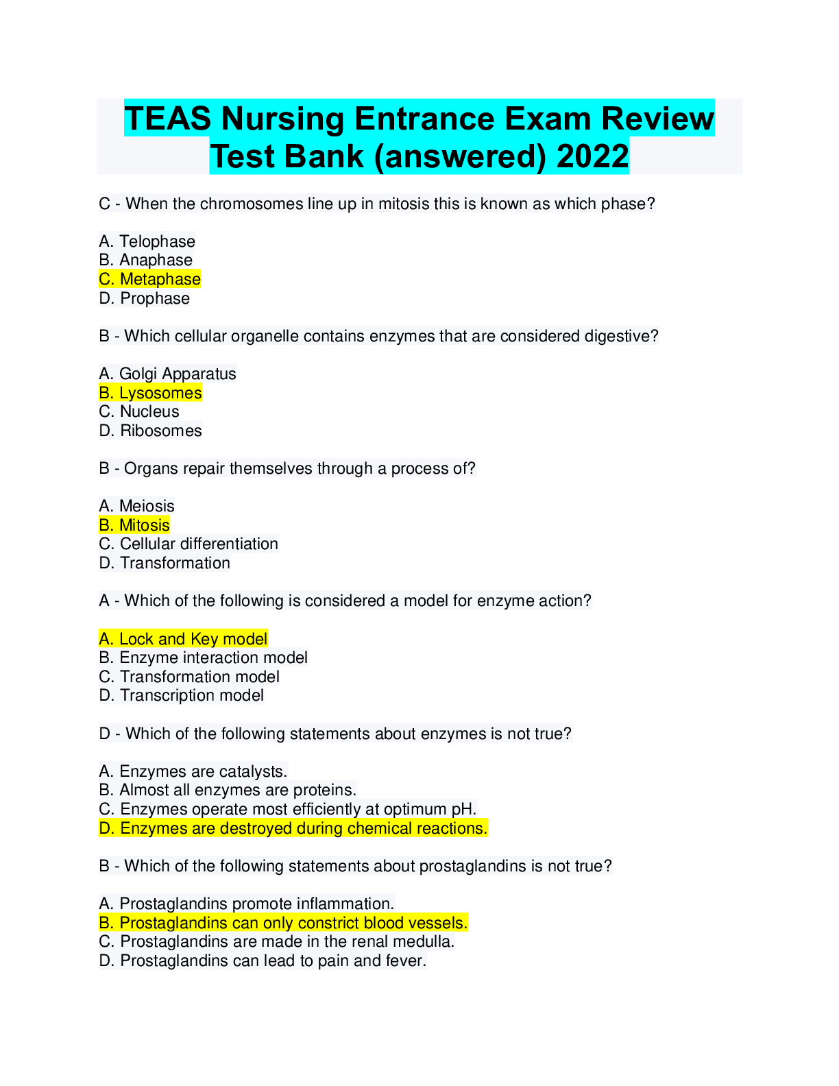 TEAS Nursing Entrance Exam Review Test Bank (answered)  _Distinction Level Assignment Has everything.